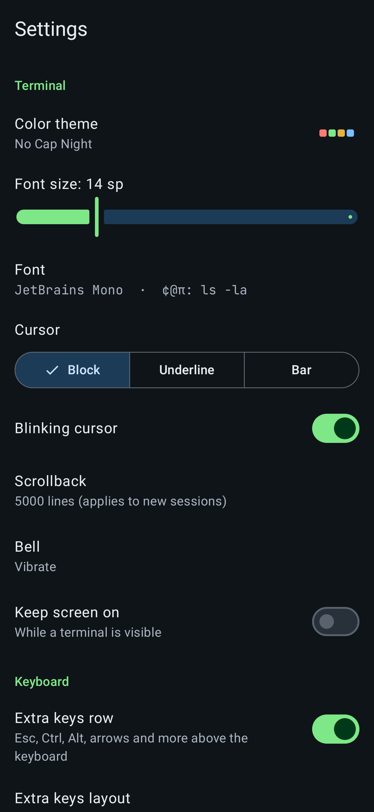Settings screen